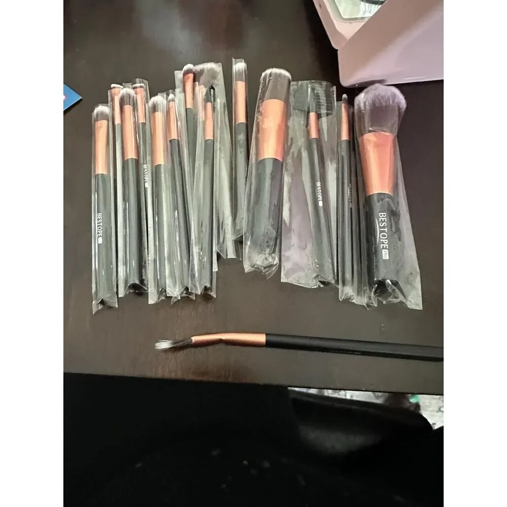 20 Pcs Gold Travel Makeup Brush Set With Led Light Mirror Holder & 2 Powder Puff